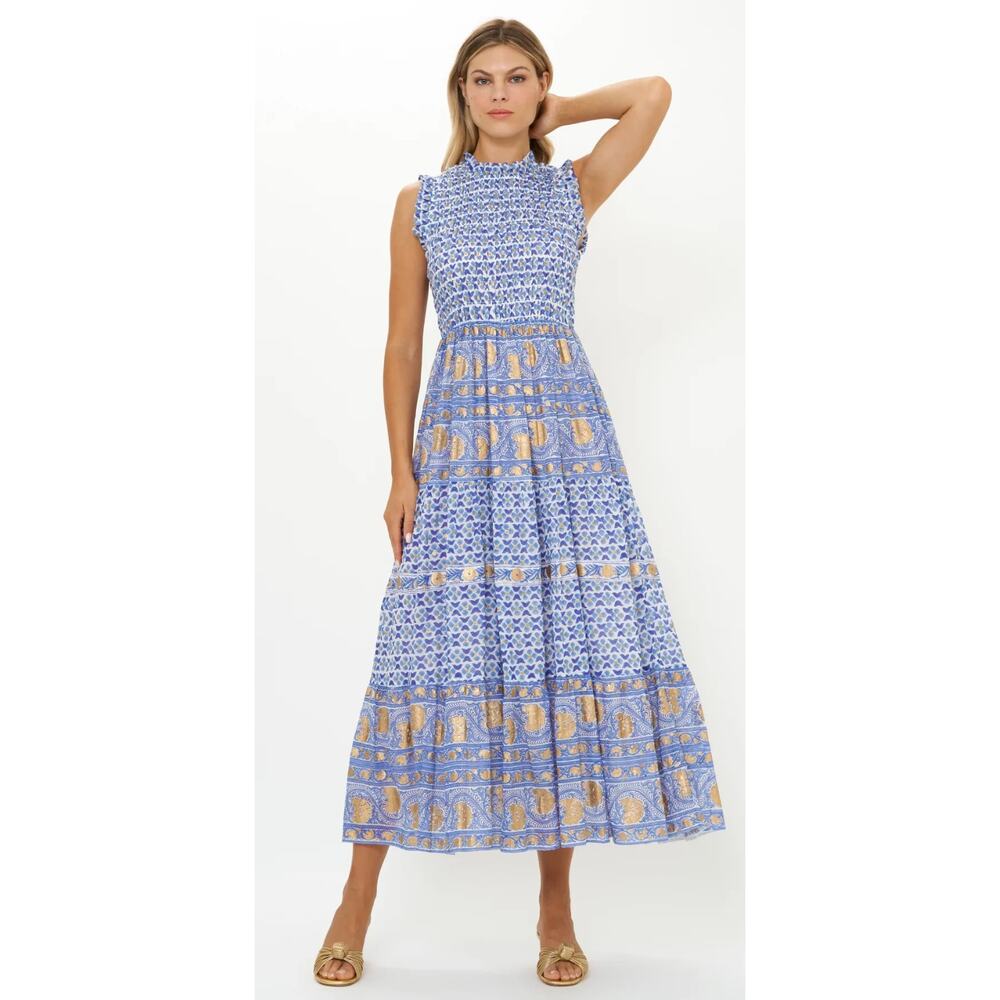 OLIPHANT Tuckernuck Sleeveless Smocked Maxi Dress Veranda Blue Gold Print NEW XS - Picture 3 of 12